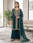 DESIGNER ROMAN SEQUENCE EMBROIDERY WORK TOP PALAZZO WITH DUPATTA TEAL