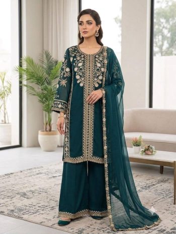 DESIGNER ROMAN SEQUENCE EMBROIDERY WORK TOP PALAZZO WITH DUPATTA TEAL