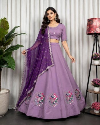 DESIGNER ROMAN SILK EMBROIDERY MULTI THREAD AND SEQUENCE  AND AARI MIRROR WORK  LEHENGA CHOLI WITH DUPATTA PURPLE