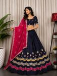 DESIGNER ROMAN SILK EMBROIDERY MULTI THREAD AND SEQUENCE AND AARI MIRROR WORK LEHENGA CHOLI WITH DUPATTA NAVY BLUE