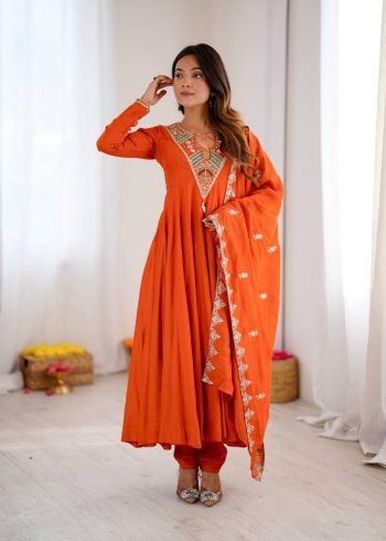 DESIGNER ROMAN SILK EMBROIDERY SEQUENCE WORK GOWN BOTTOM WITH DUPATTA ORANGE
