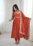 DESIGNER ROMAN SILK EMBROIDERY SEQUENCE WORK GOWN BOTTOM WITH DUPATTA ORANGE