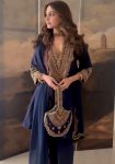 DESIGNER ROMAN SILK EMBROIDERY SEQUENCE WORK TOP PALAZZO WITH DUPATTA NAVY BLUE
