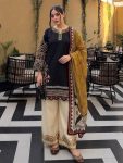 DESIGNER ROMAN SILK THREAD EMBROIDERY WORK TOP PALAZZO WITH DUPATTA MUSTARD AND BLACK