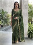 DESIGNER SATIN CHIFFON EMBROIDERY WORK LACE BORDER SAREE WITH UNSTITCHED BLOUSE GREEN