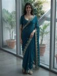 DESIGNER SATIN CHIFFON EMBROIDERY WORK LACE BORDER SAREE WITH UNSTITCHED BLOUSE TEAL