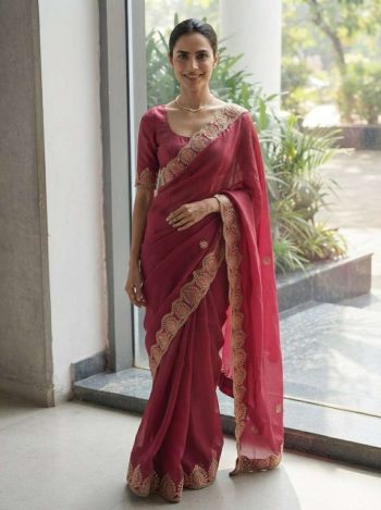 DESIGNER SATIN CHIFFON EMBROIDERY WORK LACE BORDER SAREE WITH UNSTITCHED BLOUSE MAROON