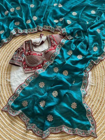 DESIGNER SATIN EMBROIDERY 3 MM SEQUENCE WORK HEAVY BORDER WITH BUTTA WORK SAREE WITH STITCHED BLOUSE RAMA