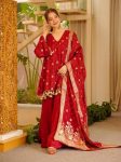 DESIGNER SATIN SILK WEAVING WITH FANCY COIN LACE WORK TOP PALAZZO WITH DUPATTA RED