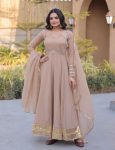 DESIGNER SILVER CRUNCHY MIRROR LACE WORK GOWN WITH DUPATTA CREAM