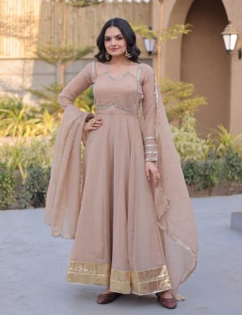 DESIGNER SILVER CRUNCHY MIRROR LACE WORK GOWN WITH DUPATTA CREAM