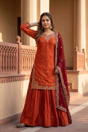 DESIGNER SINDOOR FENDY SILK EMBROIDERY SEQUENCE WORK TOP LEHENGA WITH DUPATTA ORANGE