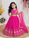 DESIGNER SINDOOR SILK SEQUENCE EMBROIDERY WORK KID'S LEHENGA CHOLI WITH DUPATTA PINK