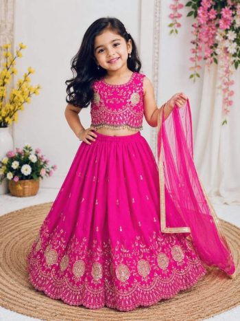 DESIGNER SINDOOR SILK SEQUENCE EMBROIDERY WORK KID'S LEHENGA CHOLI WITH DUPATTA PINK