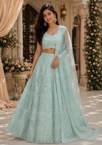 DESIGNER SOFT NET EMBROIDERY CHAIN STITCHED WITH REAL MIRROR HAND WORK  LEHENGA CHOLI WITH DUPATTA RAMA