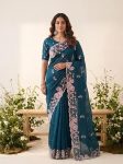 DESIGNER SPACE SILK EMBROIDERY WITH CUTWORK BORDER SAREE WITH UNSTITCHED BLOUSE TEAL