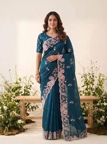 DESIGNER SPACE SILK EMBROIDERY WITH CUTWORK BORDER SAREE WITH UNSTITCHED BLOUSE TEAL