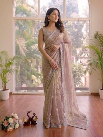 DESIGNER SPACE SILK JARKHAN DIAMOND WORK SAREE WITH UNSTITCHED BLOUSE PURPLE