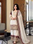 DESIGNER STAR GEORGETTE EMBROIDERY 3 MM SEQUENCE WORK TOP PALAZZO WITH DUPATTA WHITE AND MAROON