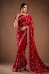 DESIGNER TABBY ORGANZA SEQUENCE EMBROIDERY WORK AND CUT WORK BORDER SAREE WITH UNSTITCHED BLOUSE RED
