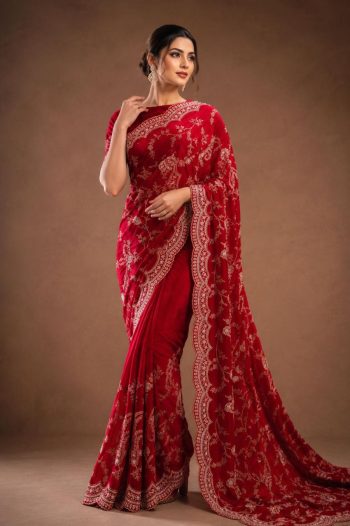 DESIGNER TABBY ORGANZA SEQUENCE EMBROIDERY WORK AND CUT WORK BORDER SAREE WITH UNSTITCHED BLOUSE RED