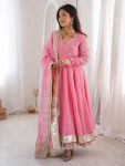 DESIGNER TABBY ORGANZA SILK ORIGINAL MIRROR HAND WORK WITH GOTTA PATTI LACE WORK GOWN LEHENGA WITH DUPATTA BABY PINK