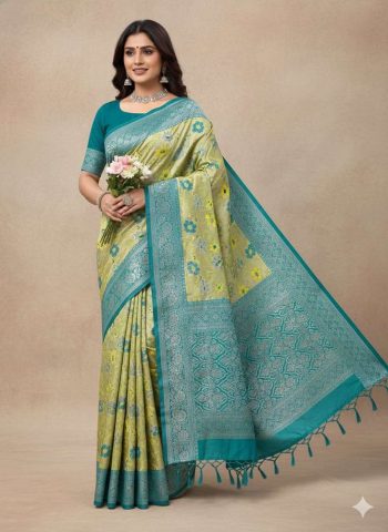 DESIGNER TISSUE SILK TRIPLE WEAVING COPPER ZARI SAREE WITH UNSTITCHED BLOUSE PARROT GREEN