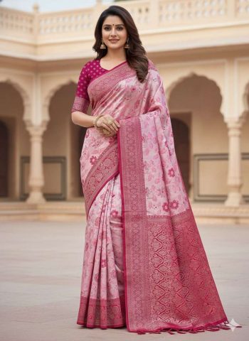 DESIGNER TISSUE SILK TRIPLE WEAVING COPPER ZARI SAREE WITH UNSTITCHED BLOUSE PINK