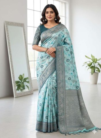 DESIGNER TISSUE SILK TRIPLE WEAVING COPPER ZARI SAREE WITH UNSTITCHED BLOUSE SKY
