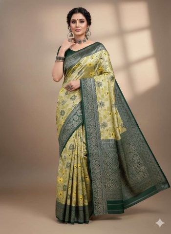 DESIGNER TISSUE SILK TRIPLE WEAVING COPPER ZARI SAREE WITH UNSTITCHED BLOUSE GREEN