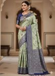 DESIGNER TISSUE SILK TRIPLE WEAVING COPPER ZARI SAREE WITH UNSTITCHED BLOUSE PERROT GREEN AND BLUE