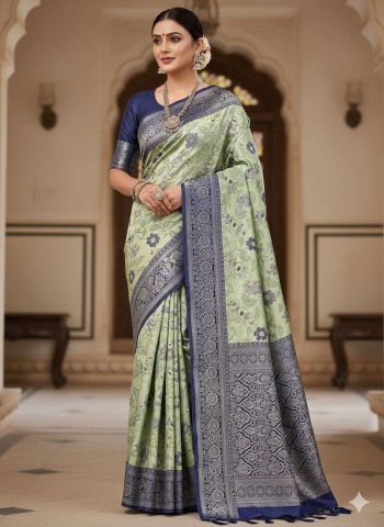 DESIGNER TISSUE SILK TRIPLE WEAVING COPPER ZARI SAREE WITH UNSTITCHED BLOUSE PERROT GREEN AND BLUE