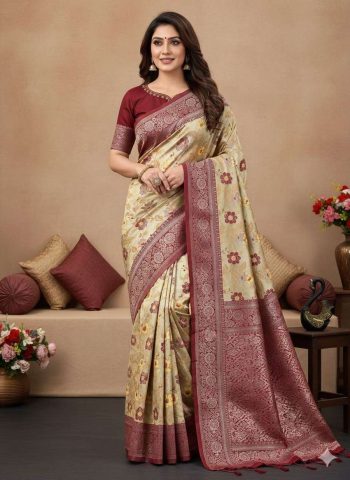 DESIGNER TISSUE SILK TRIPLE WEAVING COPPER ZARI SAREE WITH UNSTITCHED BLOUSE CREAM AND RED