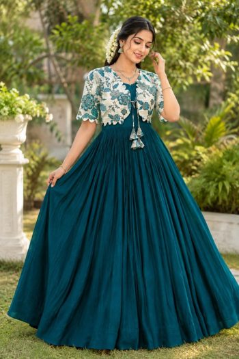 DESIGNER VICHITRA PLAIN GOWN WITH FLORAL POSITION PRINTED WORK KOTI TEAL