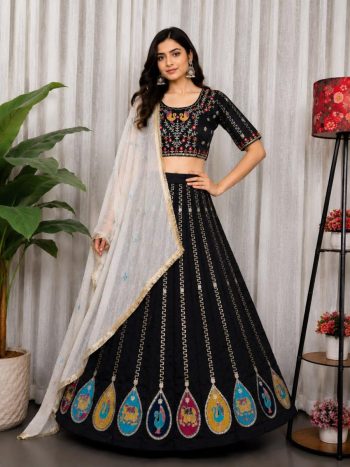 DESIGNER VICHITRA SILK EMBROIDERY MULTI THREAD WORK AND SEQUENCE WORK  AND AARI MIRROR WORK LEHENGA CHOLI WITH DUPATTA BLACK
