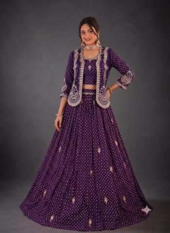 DESIGNER VICHITRA SILK EMBROIDERY THREAD & SEQUENCE WORK LEHENGA CHOLI WITH JACKET PURPLE