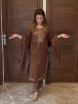 DESIGNER VICHITRA SILK EMBROIDERY THREAD WORK TOP BOTTOM WITH DUPATTA CHIKU