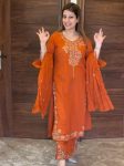 DESIGNER VICHITRA SILK EMBROIDERY THREAD WORK TOP BOTTOM WITH DUPATTA ORANGE