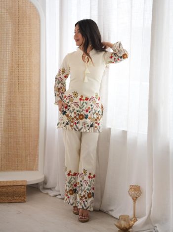 FABULOUS MAGIC SLUB COTTON FLORAL PRINTED WORK CO-ORD SET OFF WHITE