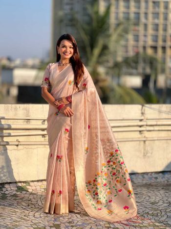 FABULOUS ORGANZA MEENAKARI ZARI WOVEN WORK SAREE WITH UNSTITCHED BLOUSE PEACH