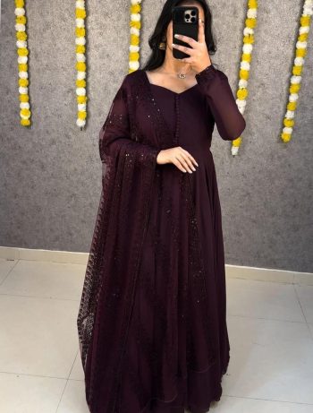 FABULOUS SOFT FAUX GEORGETTE POTLI BUTTON WORK GOWN WITH DUPATTA  WINE