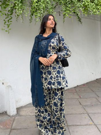 FANCY CAMBRIC COTTON DIGITAL PRINT WORK TOP PATIYALA WITH DUPATTA BLUE