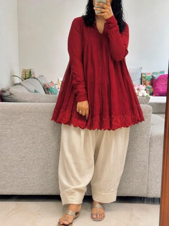 FANCY CHANDERI EMBROIDERY WORK FANCY CUT WORK TOP PATIYALA SET RED