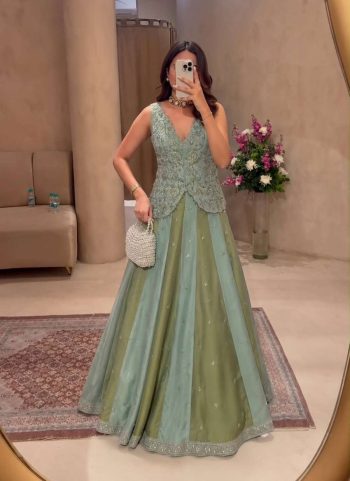 FANCY CHINON EMBROIDERY BUTTA WITH SEMI BEADS LACE WORK LEHENGA CHOLI SET SKY