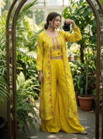 FANCY CHINON SILK BANDHANI DIGITAL PRINT WITH SEQUENCE EMBROIDERY LACE BORDER WORK PALAZZO BLOUSE WITH SHRUG YELLOW