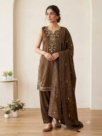 FANCY COSS MOSS SEQUENCE EMBROIDERY WITH HANDMADE BEADS-COINS TUSSLES WORK TOP PATIYALA WITH DUPATTA MEHNDI