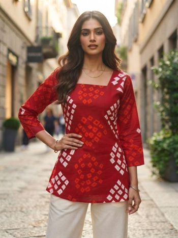 FANCY COTTON BANDHANI PRINT WORK TOP RED