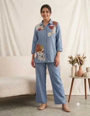 FANCY COTTON DENIM SEQUENCE EMBROIDERY WORK TOP PENT SET BLUE