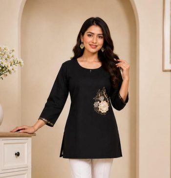 FANCY COTTON EMBROIDERY CUT PASTE BUTTA WORK TOP BLACK