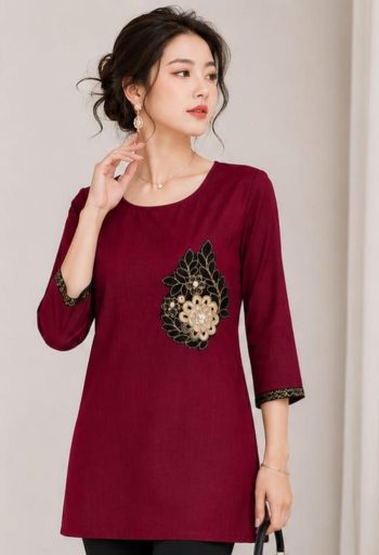 FANCY COTTON EMBROIDERY CUT PASTE BUTTA WORK TOP MAROON